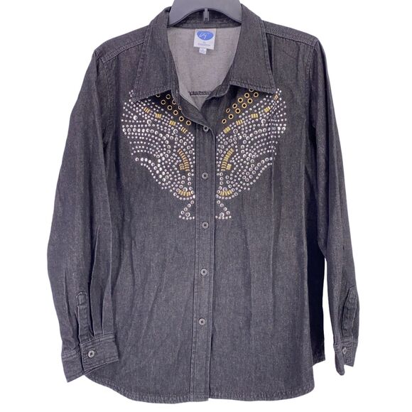 Diane Gilman DG2 Black Denim Wing Studs Embellished Shirt Womens Sz Large - Picture 1 of 8